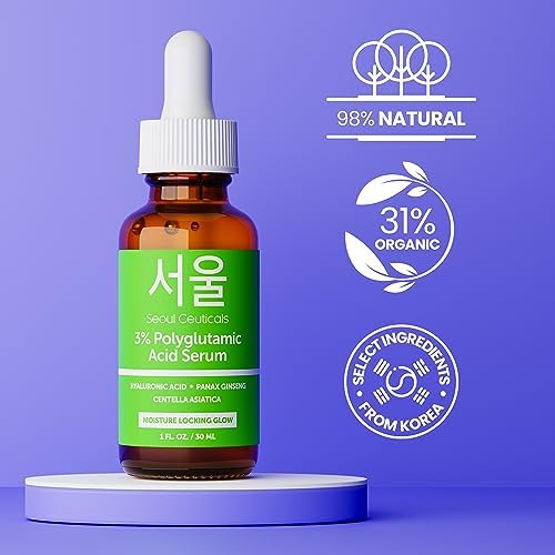 SeoulCeuticals Organic Polyglutamic Acid Korean Serum - 30ml Anti Aging Serum with Hyaluronic Acid + Centella Asiatica - K Beauty Skincare for Healthy Glowing Skin
