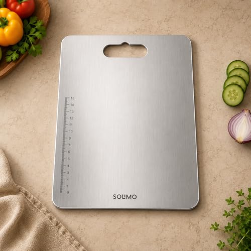 Image of Amazon Brand - Solimo Regular Chopping Slicing, Kneading Board | Stainless Steel | Double Sided | Round Edge | for Vegetables, Fruits (M)