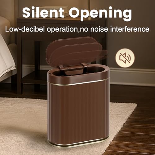 Image of ELPHECO Bathroom Motion Sensor Trash can, 2 Gallon Automatic Garbage Can, Slim Plastic Smart Trash Can with Lid, Commercial Intelligent Trash Bin for Bedroom, Bathroom, Office, Brown Gold
