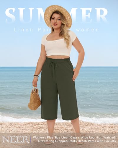 Neer 2 Pack Women's Plus Size Linen Capris Wide Leg High Waisted Drawstring Cropped Pants Beach Pants with Pockets3