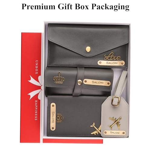Image of AICA Personalised Name & Charm Womens Leather Combo Gift Set (Grey) | Gifts for Women| Customised Gift Hamper for Woman