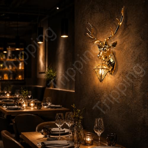 Image of TRIPPING Luxury Golden Deer Head Wall Lamp with Diamond Hanging Light: Premium Metal Decorative Wall Fixture, Warm Ambient Lighting, Statement Wall Mounted Lighting for Living Room Bedroom