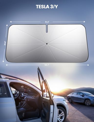 Image of Tesla Model 3 /Y Windshield Sunshade - 2026 Foldable Car Windshield Sun Shade Umbrella, 5-Layer UV Block, 10-Rib Frame, for Tesla Model 3 /Y (2017-2026) Interior Sun Protection, Tesla Accessories