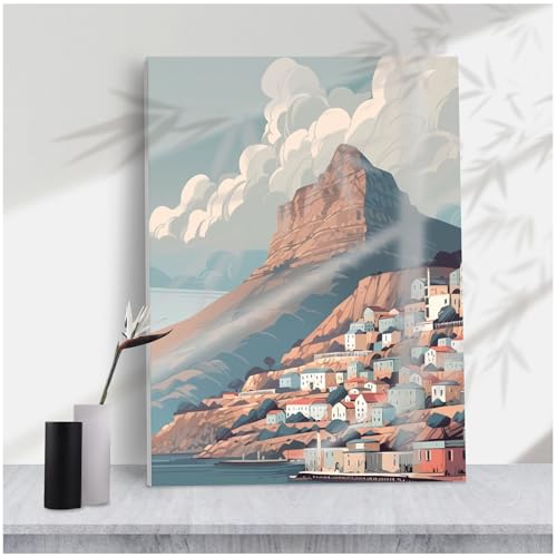 Stylized Cape Town Table Mountain Canvas Print,Retro Illustration Coastal City Colorful Houses Soft Clouds,Serene Seaside Landscape Wall Decor,8''x12'' Framed Modern Canvas Wall Art