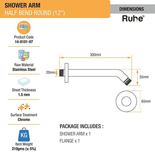 Image of Ruhe Round Shower Arm | Premium Grade Stainless Steel Shower Holder | 12 Inches Round Half Bend