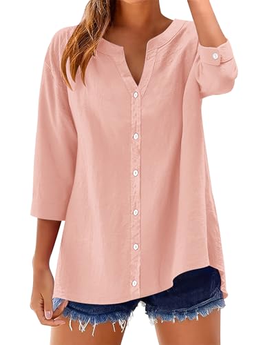 LOMON Womens 3/4 Sleeve Button Down Shirts Cotton Linen Roll Up Short Sleeve Tops V Neck Casual Loose Fit Guaze Blouse