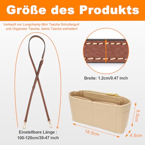 GADITIEK Schultergurt und Organizer für Longchamp Mini Tasche Damen, Leder Bag Straps und Filz Taschenorganizer, Schulterriemen und Innentasche Handtaschen