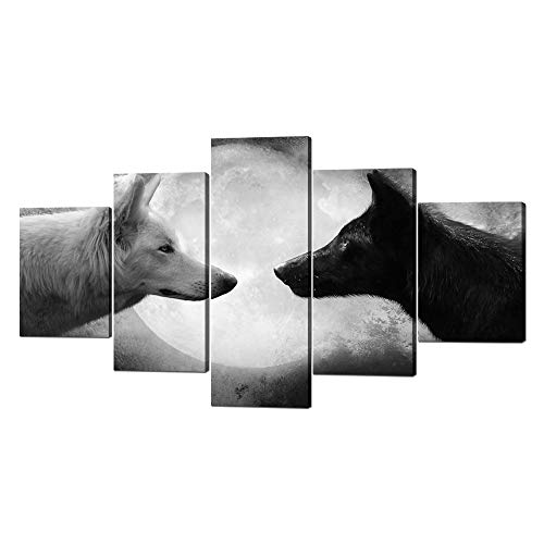 5 Panels Modern Wolf Canvas Wall Art Black and White Wolf Picture Prints on Stretched and Framed Giclee Wall Art Print Ready to Hang for Home Decor - 60''W x 32''H