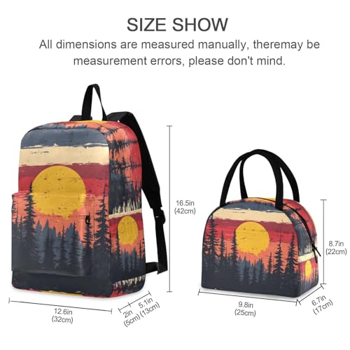 Backpack Lunch Box Set Large Capacity Travel Backpacks and Insulated Lunch Bag for Commute Hiking Picnic Vintage Sunset Forest Print2