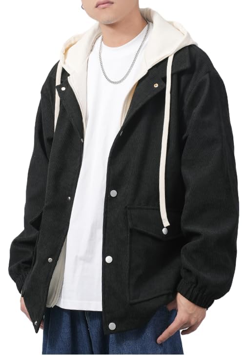 Image of Men's Corduroy Jacket Hoodies Button-Down Casual Shirt Jackets With Pockets Zipper Thicken Unisex Men Drawstring Coat,XS-X
