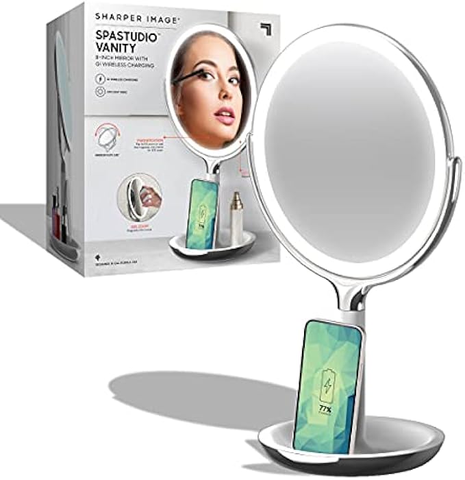 Sharper Image SpaStudio Vanity 8-inch Mirror with Built-in Qi Wireless Phone Charger, 5X and 10X Magnification