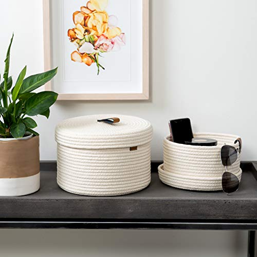 Denja & Co Round Baskets With Lids - Set Of 2 Decorative Baskets With Lids For Organizing - Natural Cotton Rope Lidded Baskets With Genuine Leather Tabs And Handles - Storage Baskets With Lids #TOP1
