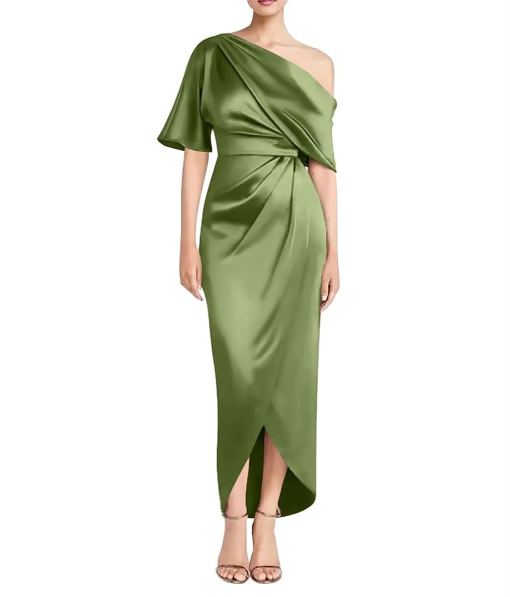 Sayno Women's Olive One Shoulder Waist Tea Length Mother's Dress Single Sleeve Satin Long Slit Evening Gown Uk18