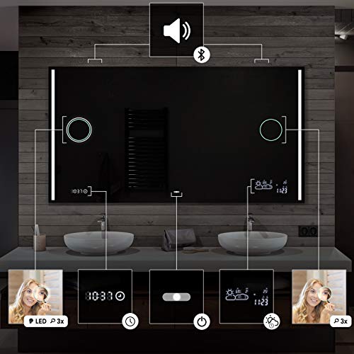 FORAM Modern Bathroom Mirror with LED light and Additional Features - Selection of Switches/Demister Heat Pad/Bluetooth Speaker - Wall Mounted Illuminated Mirror - Lighting Warm/Cold White L02