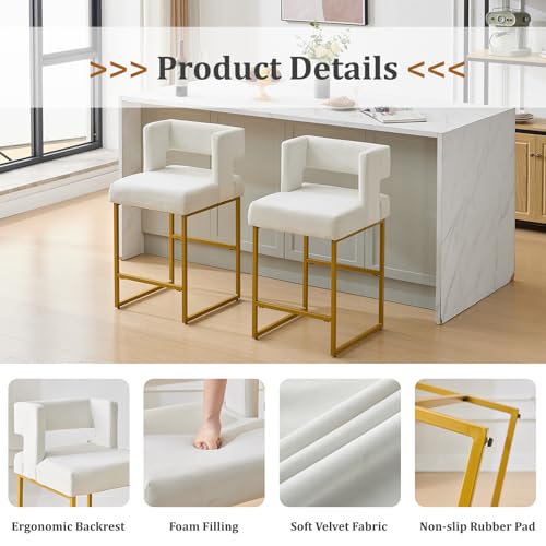 Image of Counter Height Bar Stools Set of 4, White Velvet Bar Chair Gold Leg | 26 inch Seat Height Fits Standard Kitchen Islands, Upholstered Barstools, Back Support, Square Metal Legs, Footrest