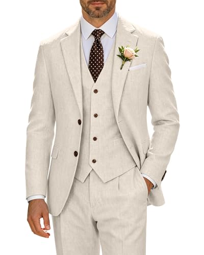 High-End Suits Retro Beige Linen Men Suit Casual...