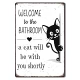 Funny Bathroom Decor – Welcome to the Bathroom A Cat Will Be With You Shortly – Black Cat Metal Tin Sign for Restroom, Toilet, or Powder Room Wall Decor, Vintage Style 8x12 Inch