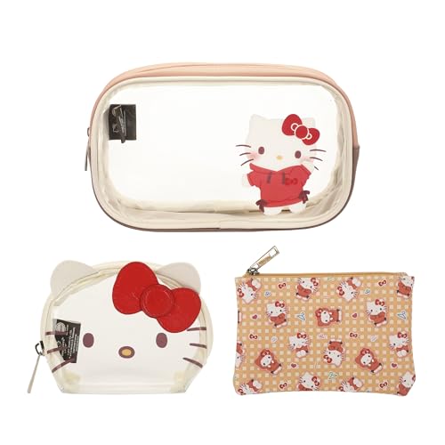Bioworld Sanrio Hello Kitty 3-Piece Cosmetic Bag Set with Pattern Print and Zipper Closure