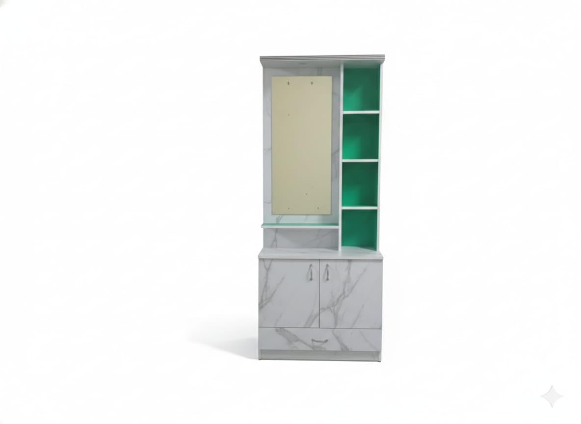 Dressing Table with Mirror, Marble Finish, White and Green, Storage Cabinet with Shelves-image-17