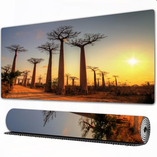 EOMKSE Grand Tapis de Souris de Jeu,Coucher de Soleil, Horizon Tropical avec Grands Arbres Madagascar Skyline paysag,avec Bords surpiqués et Dos antidérapant,sous-Main pour Clavier et Souris,30x80 cm