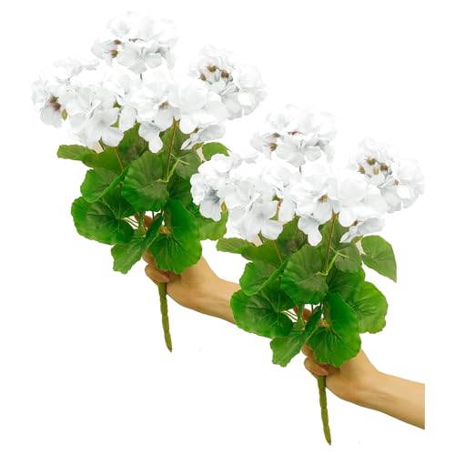2 Ramas de Geranios Artificiales, Arbustos de Flores de Seda con 5 Cabezas de Flores, Ramo Floral de Seda Falsa de 14,2 Pulgadas para Decoración Interior Y Exterior del Jardín del Hogar(Blanco)