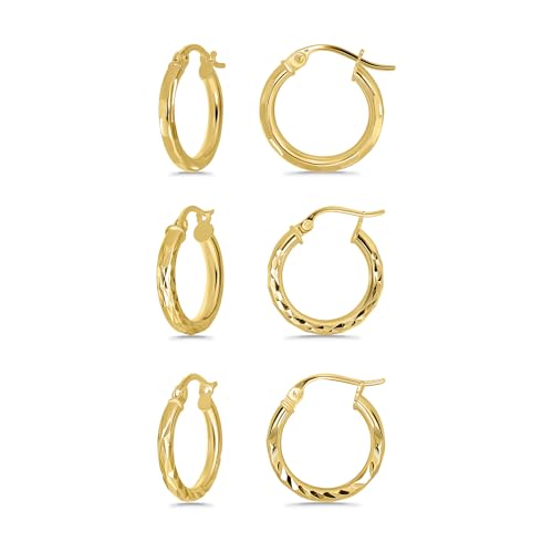 Hoops & Loops 925 Sterling Silver Diamond-Cut 15mm Round Hoop Earrings for Women, Set of 3 | Silver, Yellow Gold, Rose Gold