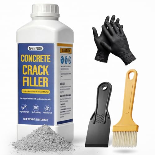 Concrete Crack Filler 3LB Gray - Heavy Duty Dry Granular Mortar Repair Kit for Driveways Walkways & Patios - DIY Concrete Hole Filler with Quartz Sand Includes Scraper Brush & Gloves