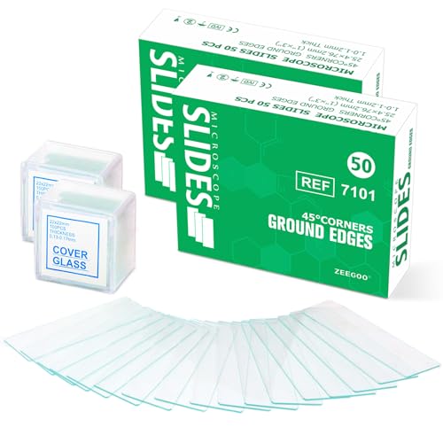 ZEEGOO Microscope Slides and Covers, Pre-Cleaned Optical Glass, High Light Transmittance, 100 Slides + 200 Coverslips, Ground Edges & 45° Corners, Fits Most Microscopes, Classroom, Lab & Home Use