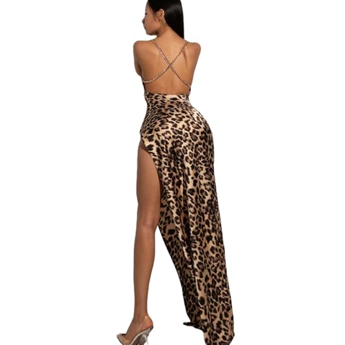 Image of Suillty Women's Sexy Leopard Print Backless High Split Bodycon Maxi Dress for Party Club