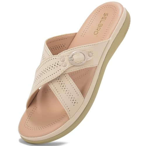 Image of SELBRO Women's Comfort Slip-On Sandals - Lightweight Criss-Cross Strap Flats with Laser-Cut Detail and Cushioned Footbed - Stylish Everyday Walking Flats SAR-CHD126