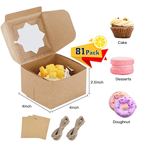 Farielyn-X 81 Packs Brown Bakery Boxes With Window Portable Single Individual Cupcake Boxes 4X4X2.5 Inches Kraft Paper Gift Boxes Holders For Pastries, Small Cakes, Cookies, Cupcakes #TOP1