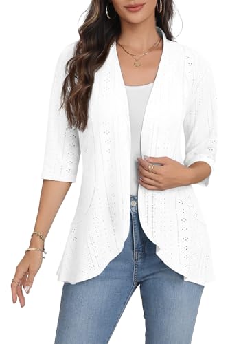 Askyes Lightweight Summer Cardigan for Womens Spring Netted Knit Ruffle Half Sleeve Flowy Kimono Cover Ups Cardigans,White,L