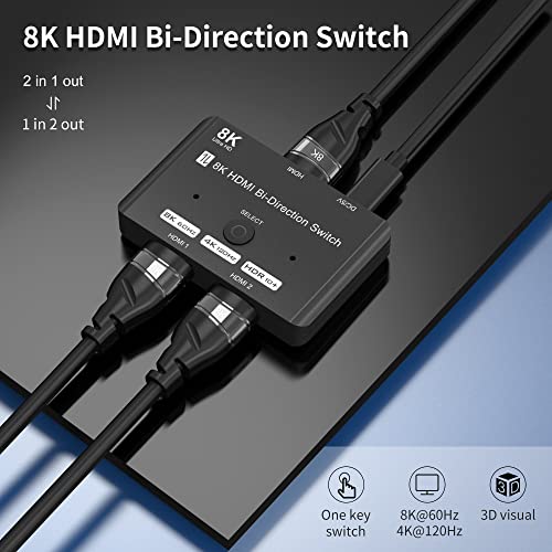 Image of HDMI 2.1 Bi-Directional Switch Ultra HD 8K HDMI Switcher 2 in 1 Out / 1 in 2 Out HDMI Switch Supports 8K@60Hz / 4K@120Hz 48Gbps Compatible with Switch /OLED PS5 /4 Xbox Roku Apple TV Fire TV Stick