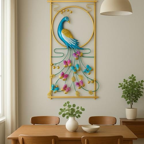 Image of Home And Crafts Iron Multicolor Peacock Leaf Metal Wall Art Decor Vertical Handcrafted Wall Mounted Sculpture Showpiece Perfect for Living Room Bedroom Kitchen Office (Size 22x42 Inch)