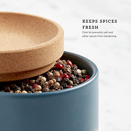 Image of Ceramic and Cork 3 Piece Stackable Salt and Pepper Cellar For Countertop Space Saving, Easy Lift Lid to Retain Freshness, Natural Cork and Teal Ceramic