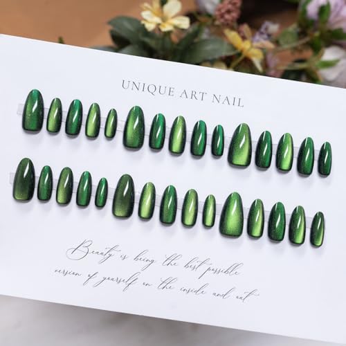 Image of Green Press on Nails Medium Almond Fake Nails Glossy Full Cover Stick on Nail with Design Glitter Glue on Nail for Women Girls Christmas Manicure 24Pcs