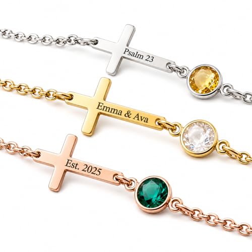 Pulsera de Cruz Personalizada Grabada, Pulsera Religiosa de Acero Inoxidable con Piedra de Nacimiento, Nombre Fecha o Versículo, Regalo Primera Comunión Bautizo Confirmación para Niña Niño (Dorado)