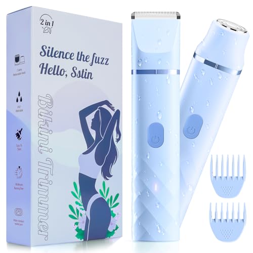 Bikini Trimmer for Women, IPX7 Waterproof, Painless Rechargeable Electric Razor Remover, 2-in-1 Facial & Pubic Hair Removal for Sensitive Skin, Portable Travel Size, Women’s Gift, Blue Blue