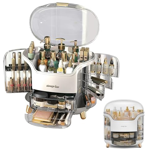 Warmiehomy Multifunctional Makeup Organiser with Lid, Dustproof Make up Organiser Cosmetic Organiser Waterproof Skincare Storage Box with 2 Drawers for Bedroom Bathroom Desktop, White