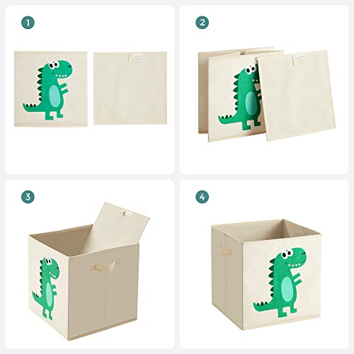 SONGMICS Aufbewahrungsbox, 3er Set, Aufbewahrungskorb, Spielzeugaufbewahrung, Stoffboxen, 30 x 30 x 30 cm, faltbar, mit Griffen, Schlafzimmer, Spielzimmer, Dinosaurier-Motive, beige RFB704W03