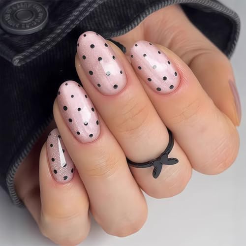 Image of Polka Dot Press on Nails Medium Almond Fake Nails with Shimmer Design Reusable Glossy Full Cover Nude Stick on Nail for Women Manicure 24Pcs