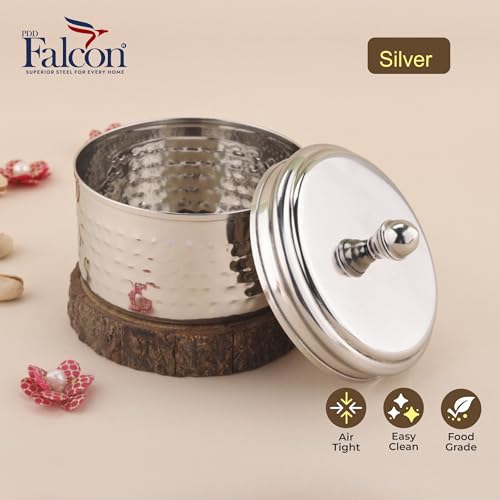 Image of PDDFALCON Stainless Steel Uphaar Hammered Container - BIS Certified, Jindal Seal, Made in India | Premium Finish Airtight Gift Box - Silver (350ml)