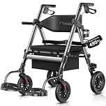 StrollAid Walkers for Seniors,Heavy Duty Rollator Walker Wheelchair Combo, 2 in 1 Rollator Transport Chair with Brakes, 450 lb Rolling Walker 10" Big Wheels for All Terrain, Grey