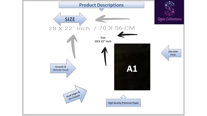 Image of Pack of 20 | Black, Bright, A1, BIG / FULL Size, Chart / Pastel Sheets, Used in art and craft, collage, projects, posters etc. Plain / Unrulled, Size: 70x56 centimeters, 200 GSM thickness.