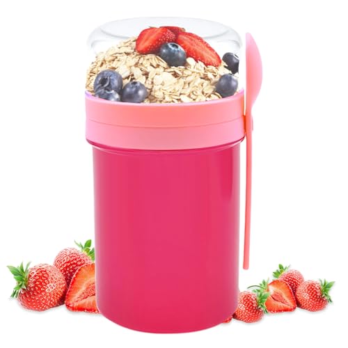 TULEBOLIAN Tasse Yaourts Avec Couvercle, 550ML+250ML, Tasse de Céréales Double Couche avec Cuillère, Coupe du Séparation Sèche et Humide pour Les Enfants et Les employés de Bureau Rose