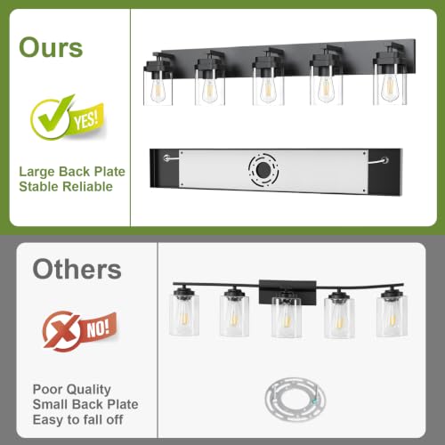 Image of Black Bathroom Light Fixtures, 5 Lights Bathroom Lighting Fixtures Over Mirror, Square Design & Rectangle Large Backplate, Modern Vanity Lighting Fixtures, for Bathroom /Living Room /Bedroom