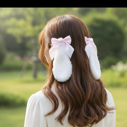 Pinzas para el cabello con orejas de conejo de peluche rosa claro miniatura 3