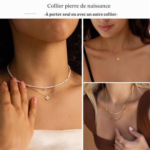 FUNEIA Collier Femme or Avec Zircone Cubique Trefle A 4 Feuille Collier Chaîne 18k Plaqué or Ajustable Empilable Pour Fille Bijoux Cadeau Saint Valentin Fete Des Mere Pour Maman épouse Femme Fille – vue 6