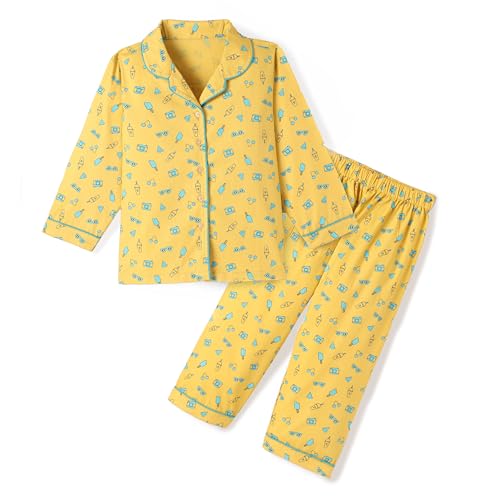 Image of Girls Premium Cotton Full Sleeves Printed Nightsuit Set | Collar Style Night Dress for Girls | Soft & Breathable Pajama Set | Trendy Kids Sleepwear & Nightwear
