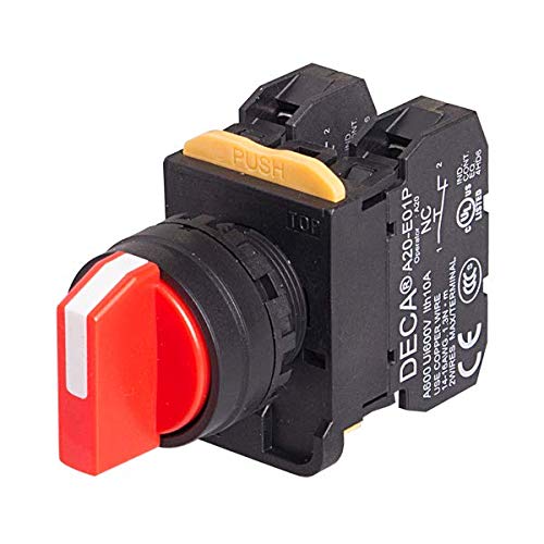 A20S-33E02R, 22mm Selector Switch, 3 Positions, Spring Return from 2-Way, 2NC 10A 110V, Red Knob